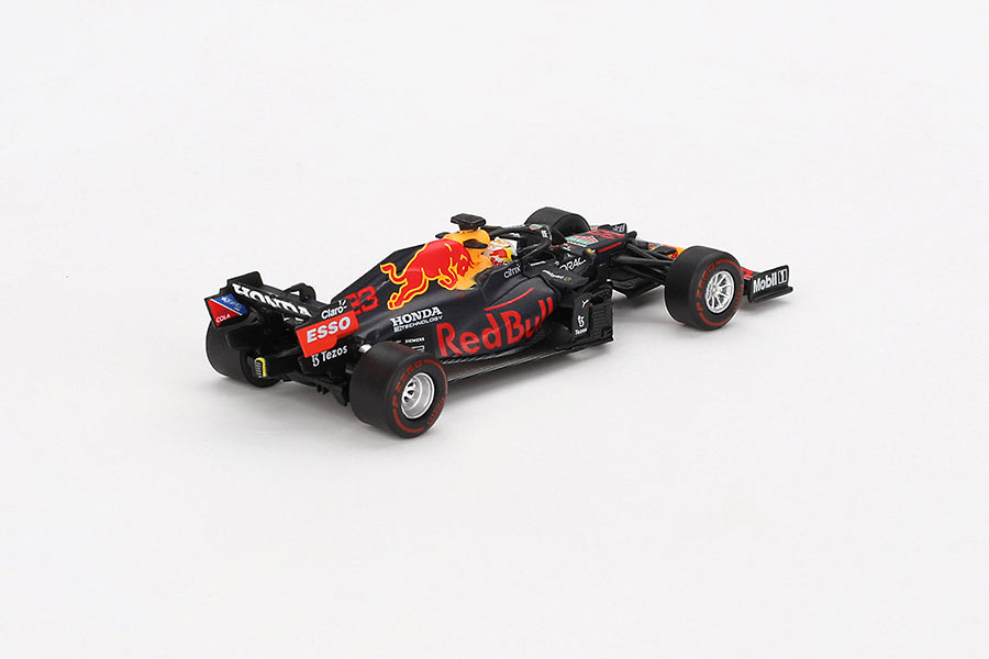 Back perspective of Red Bull RB16B #33 Max Verstappen 2021 Abu Dhabi Grand Prix Winner 1:64 Scale model car by Mini GT