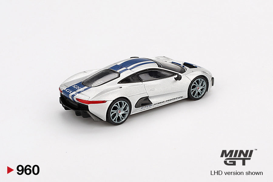 Back perspective view of Jaguar C-X75 Silver 1:64 scale model car by Mini GT