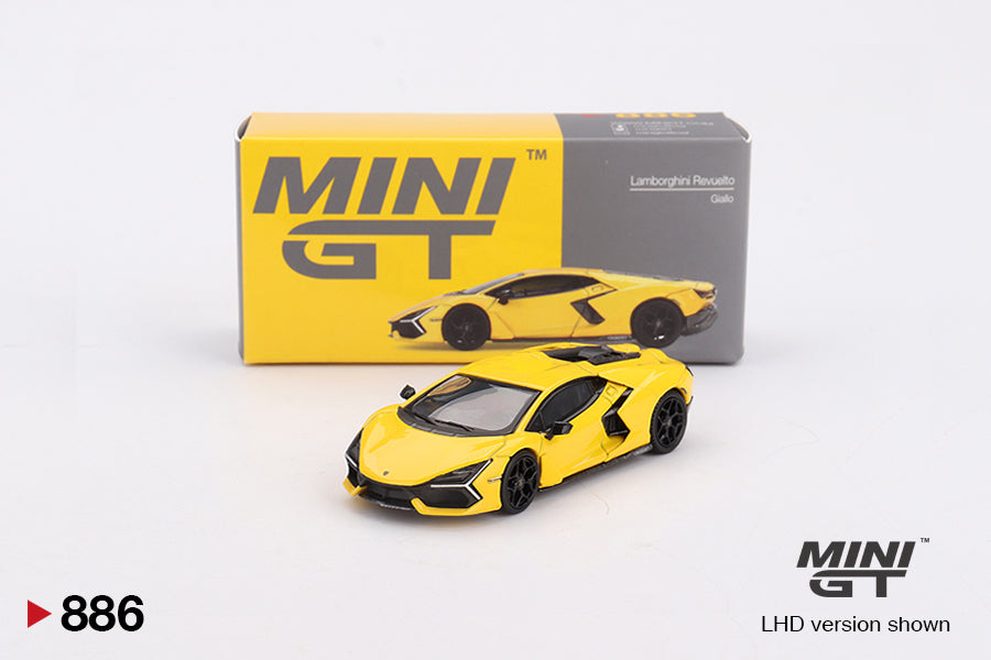 Box of Lamborghini Revuelto Giallo 1:64 scale model car - Mini GT product code of MGT00886
