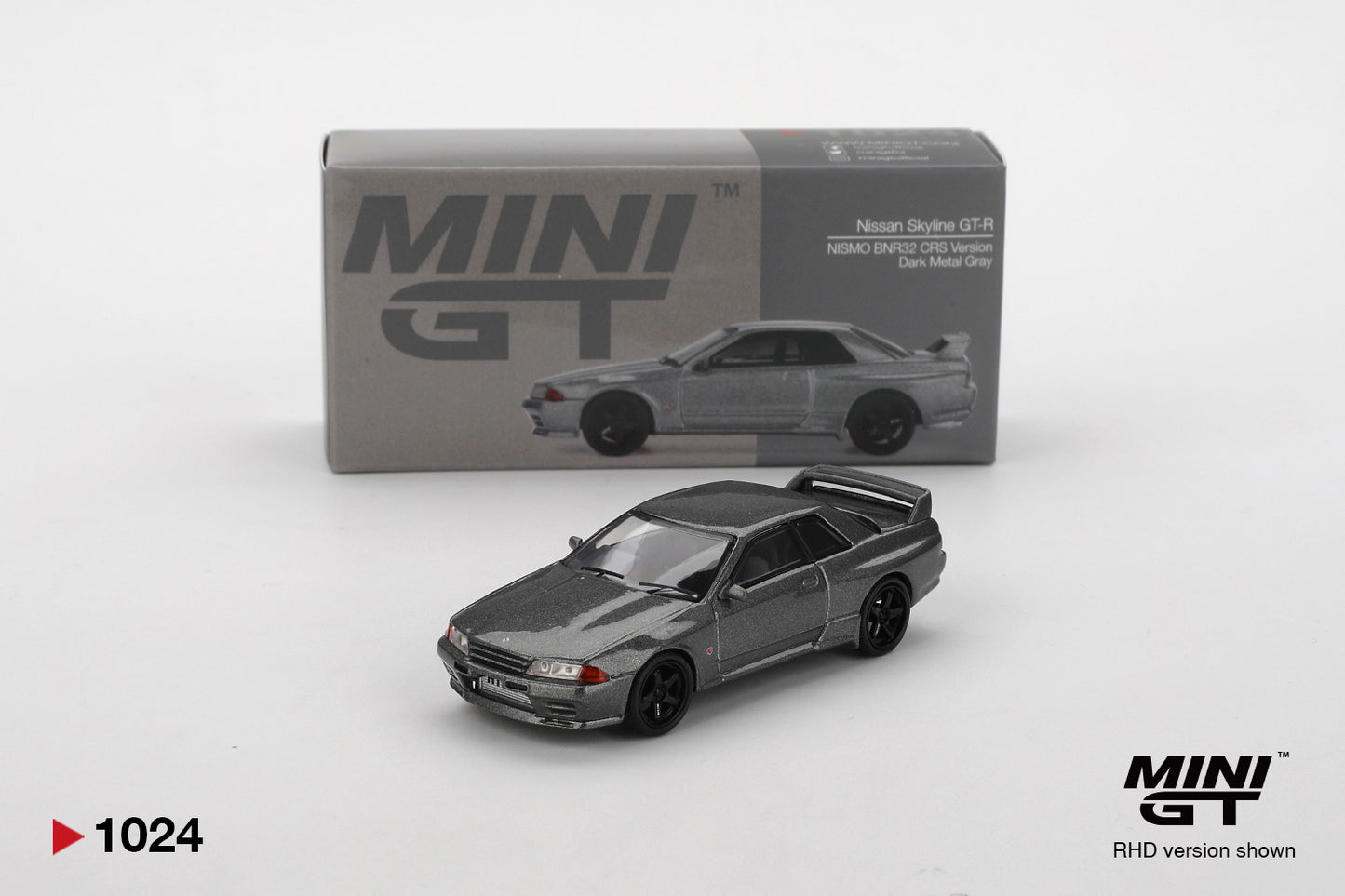 Box of Nissan Skyline GT-R (NISMO BNR32 CRS Version) Dark Metal Gray 1:64 scale model car - Mini GT
