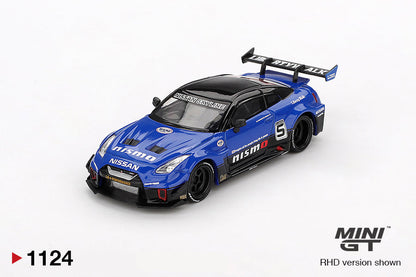 Front perspective view of LB-Silhouette WORKS GT NISSAN 35GT-RR Ver.2 Blue 1:64 scale model car - Mini GT