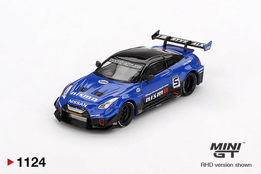 Front perspective view of LB-Silhouette WORKS GT NISSAN 35GT-RR Ver.2 Blue 1:64 scale model car - Mini GT