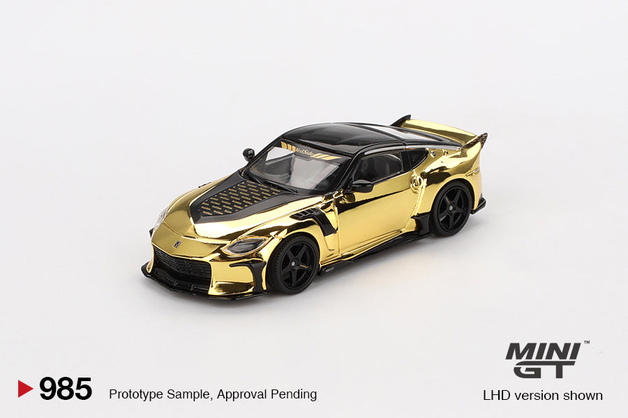 Front perspective Nissan Z VeilSide FFZ400 Gold Chrome 1:64 scale model car - Mini GT