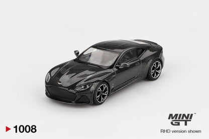 Black model Aston Martin DBS 007 car on a white background with 'MINI GT' branding.