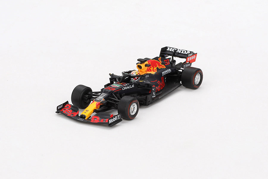 Front perspective of Red Bull RB16B #33 Max Verstappen 2021 Abu Dhabi Grand Prix Winner 1:64 Scale model car by Mini GT