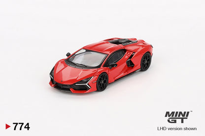 Front perspective view of Lamborghini Revuelto Arancio Dac Lucido 1:64 scale model car - Mini GT
