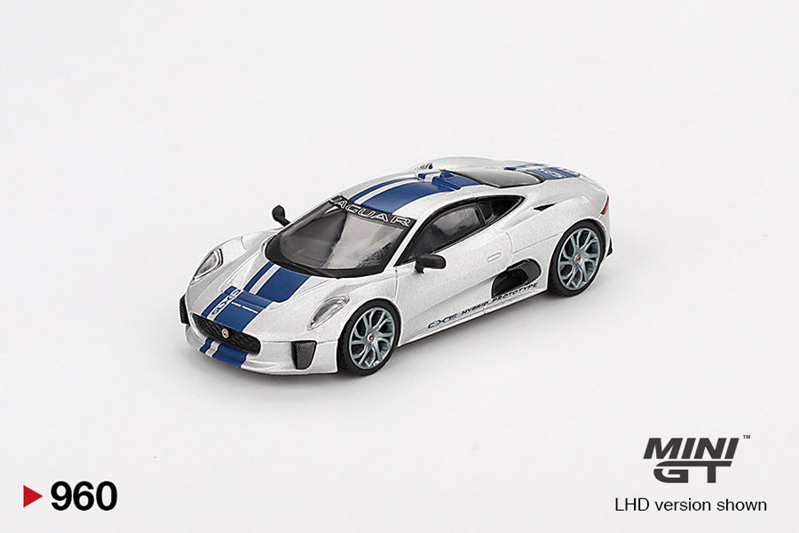 Front perspective view of Jaguar C-X75 Silver 1:64 scale model car by Mini GT