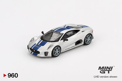 Front perspective view of Jaguar C-X75 Silver 1:64 scale model car by Mini GT