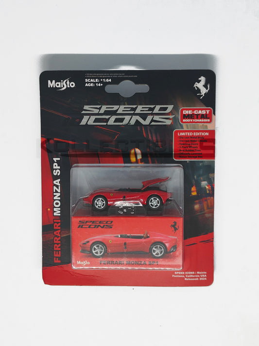 Blister package of Speed Icons - Ferrari Monza SP1 Red 1:64 scale model car - Maisto