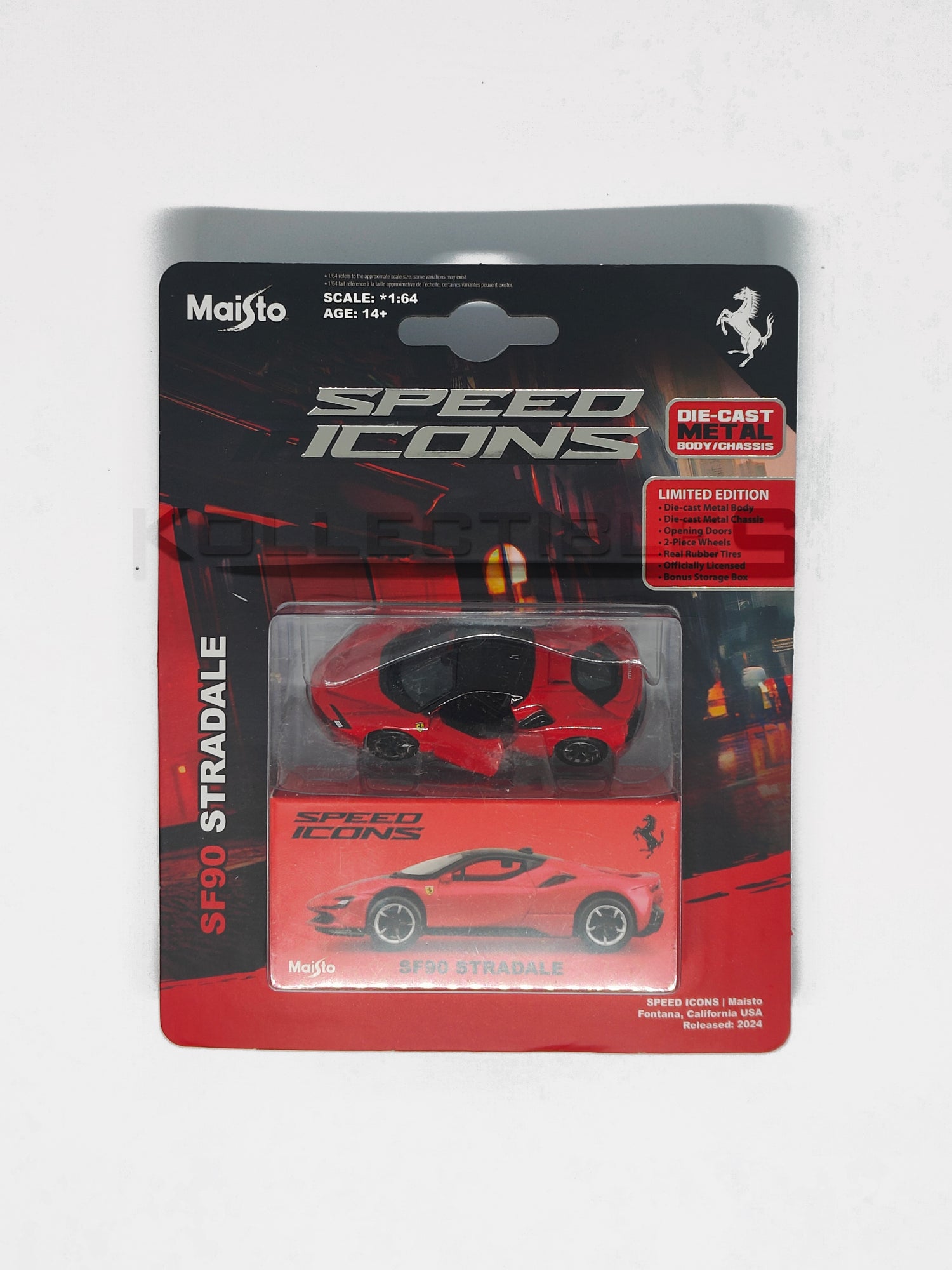 Blister package of Speed icons - Ferrari SF-90 Stradle Red 1:64 scale model car - Maisto