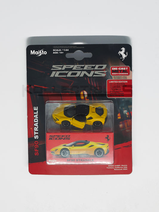 Blister Package of Speed icons - Ferrari SF-90 Stradle Yellow 1:64 scale model car - Maisto