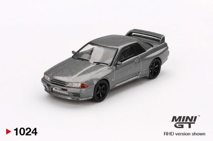 front perspective view of Nissan Skyline GT-R (NISMO BNR32 CRS Version) Dark Metal Gray 1:64 scale model car - Mini GT