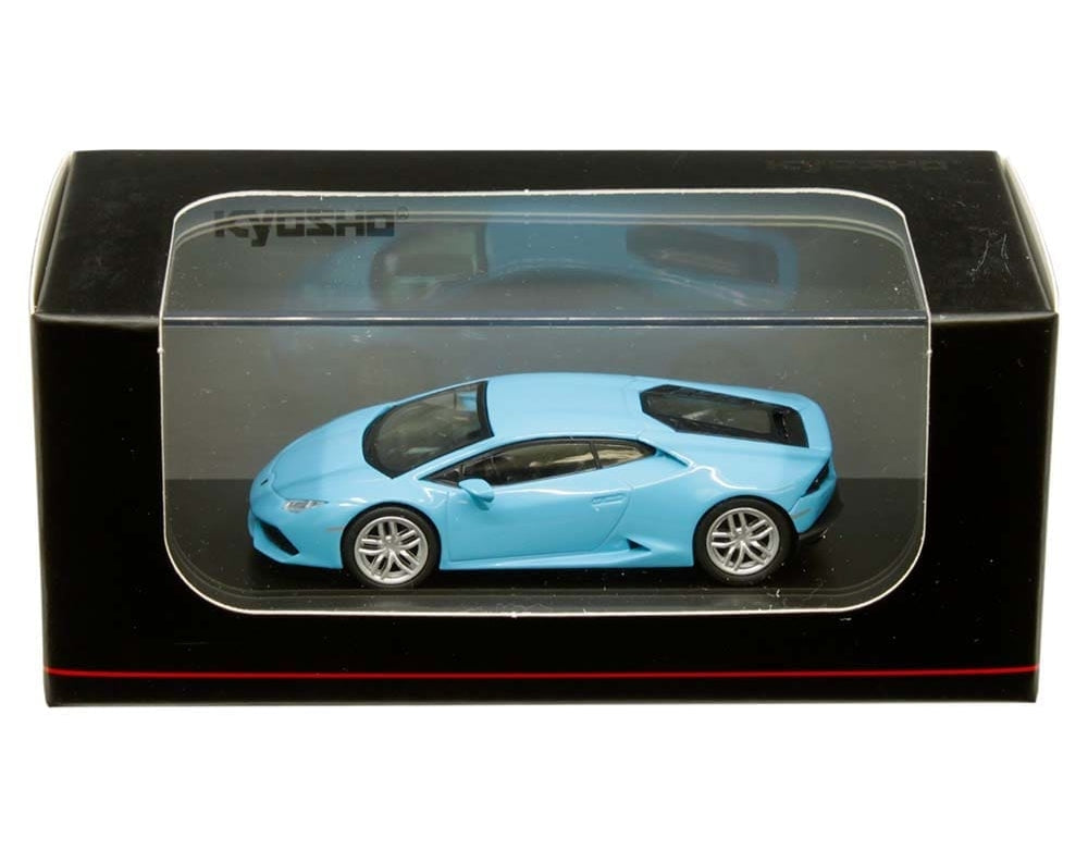 side view of Lamborghini HURACAN Blue with Display cover and Base Kyosho 1:64 scale model car