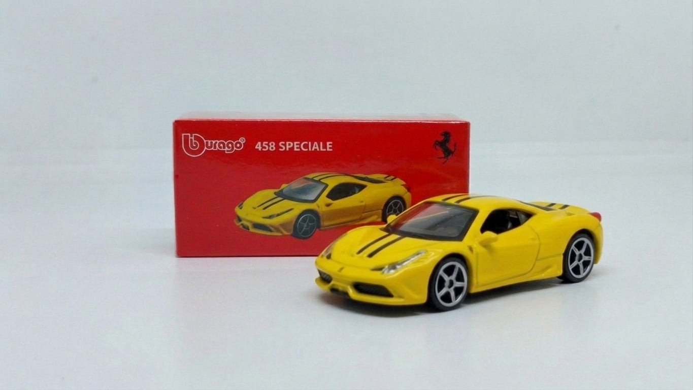 Box of Ferrari 458 Special Yellow 1:64 scale model car - Bburago