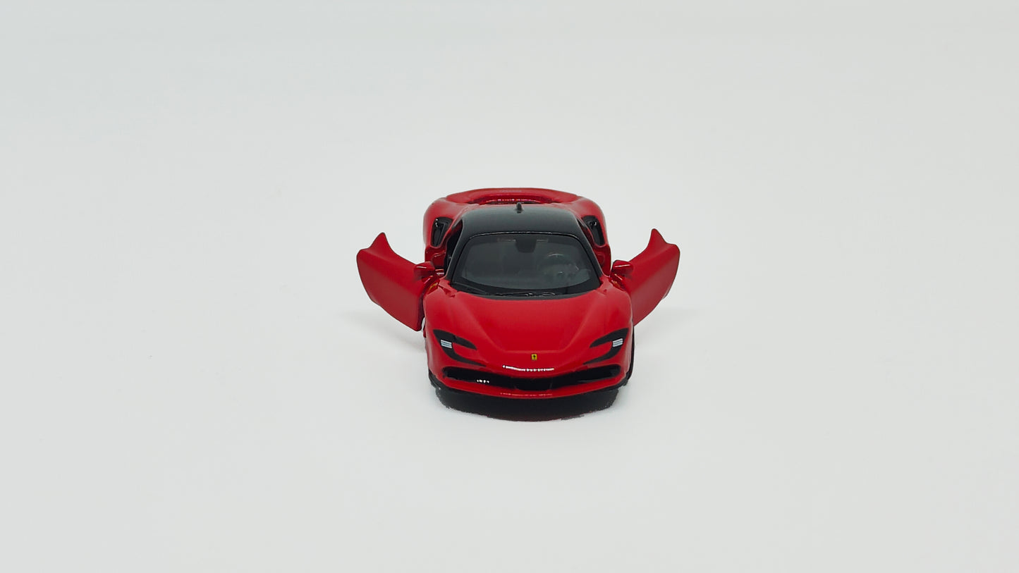Red model car with open doors on a white background