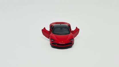 Red model car with open doors on a white background