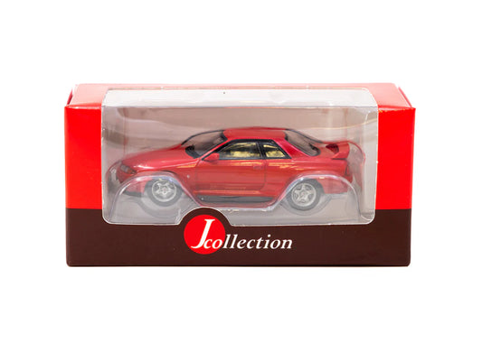 Red model car in a transparent box with a red and brown box featuring 'Jcollection' logo on a white background.