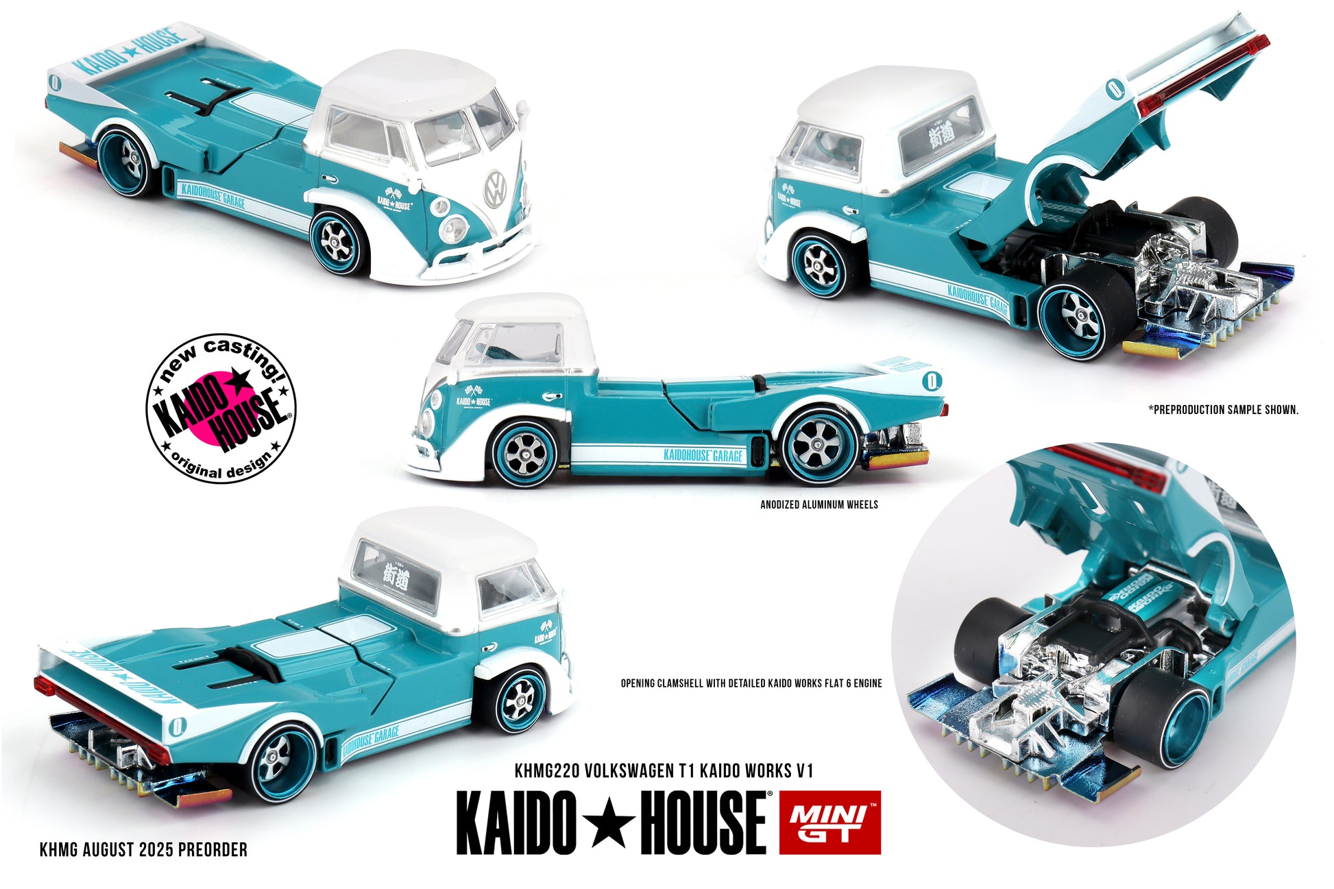 Volkswagen T1 Kaido Works V1 Turquoise & White 1:64 Kaido House x Mini GT diecast KHMG0220 – front, rear, side & engine detail