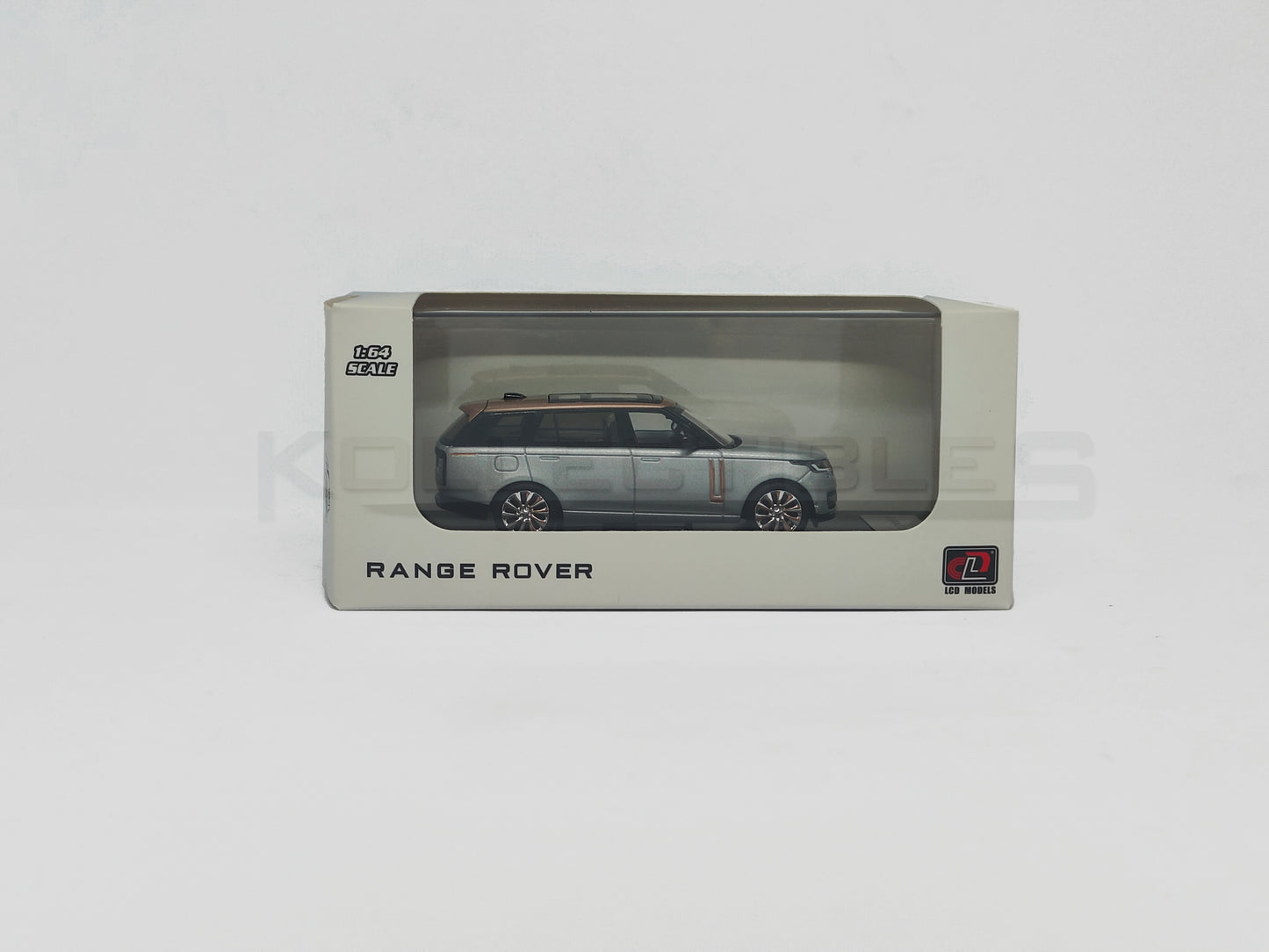 Box view of Land Rover Range Rover Silver 1:64 white model car by LCD Models