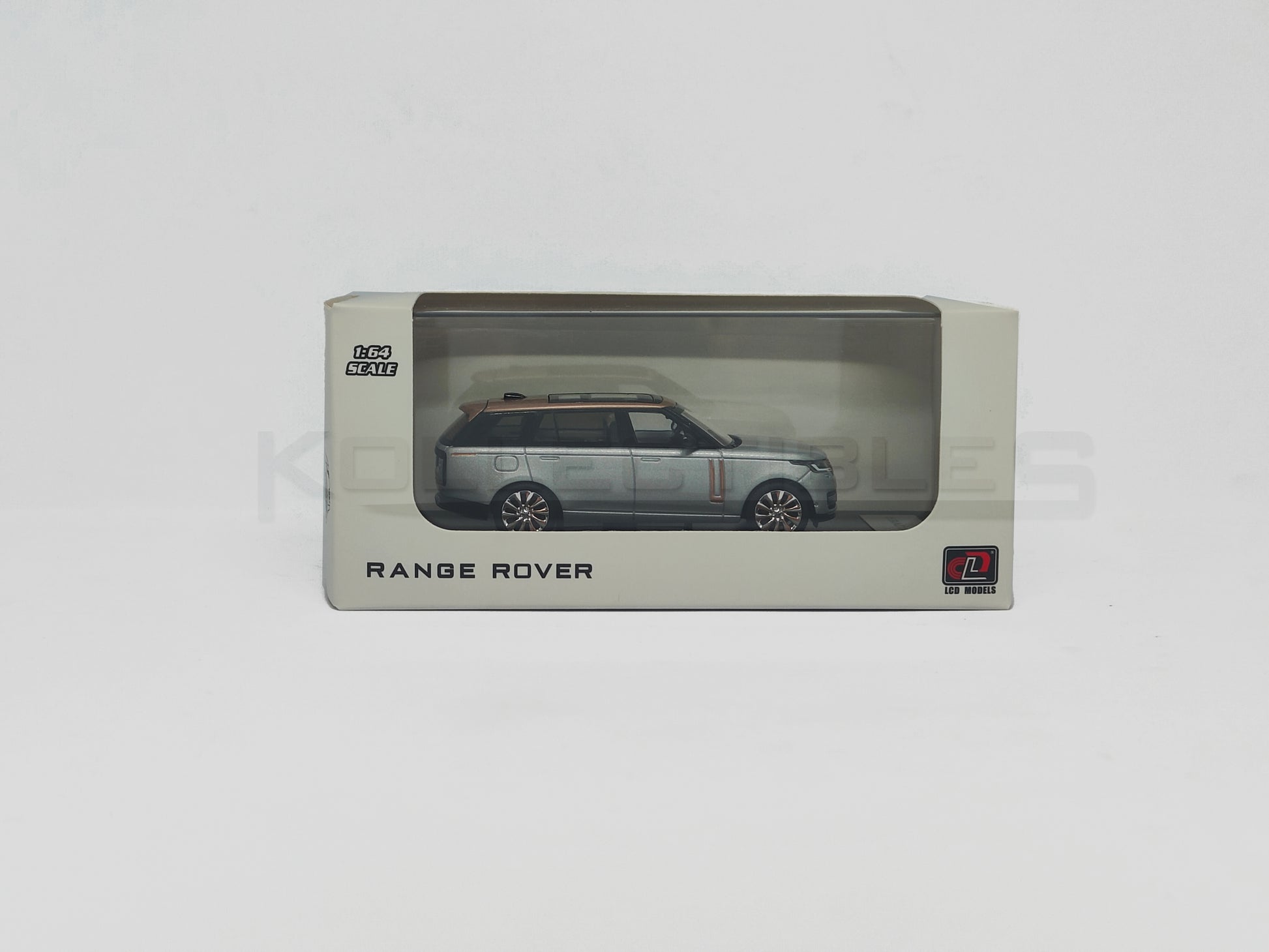 Box view of Land Rover Range Rover Silver 1:64 white model car by LCD Models