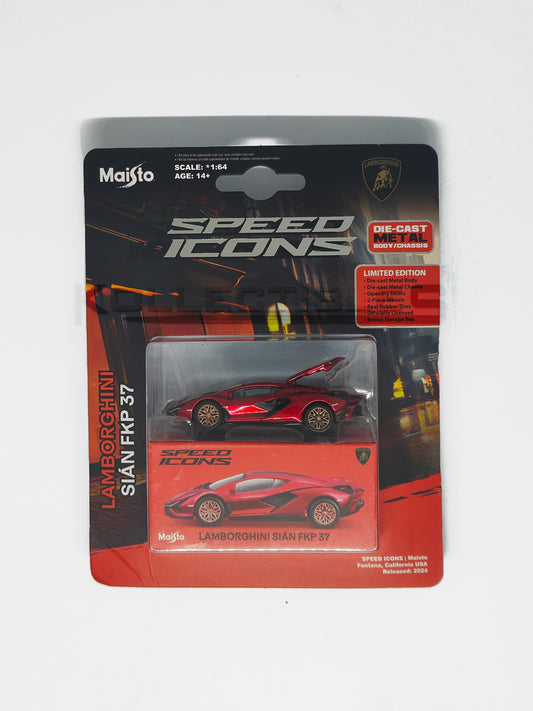 Blister package of Speed icons - Lamborghini Sian FKP 37 Red 1:64 scale model car - Maisto