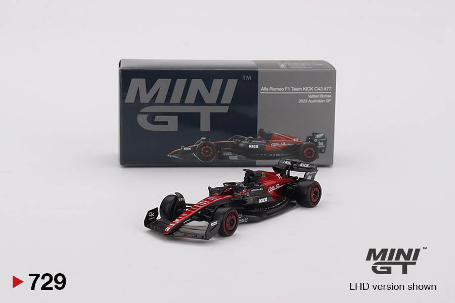 Alfa Romeo C43 #77 Valteteri Bottas F1 2023 1:64 scale model car by Mini GT with Box