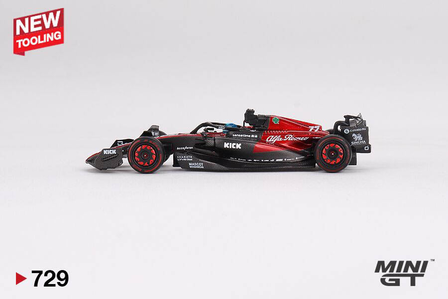 Side view of Alfa Romeo C43 #77 Valteteri Bottas F1 2023 1:64 scale model car by Mini GT