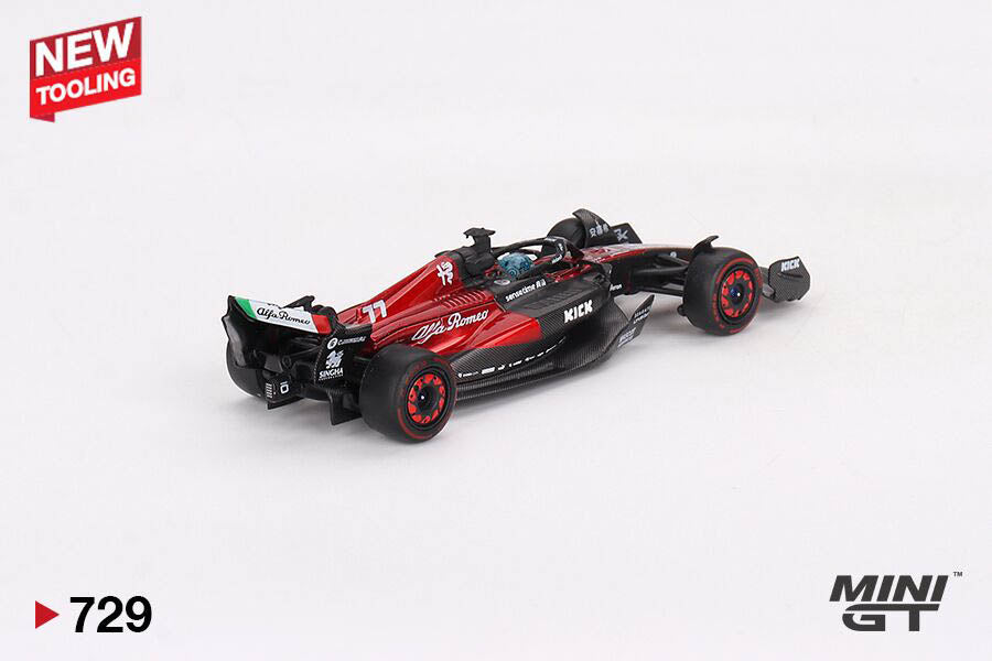 Back Perspective view of Alfa Romeo C43 #77 Valteteri Bottas F1 2023 1:64 scale model car by Mini GT