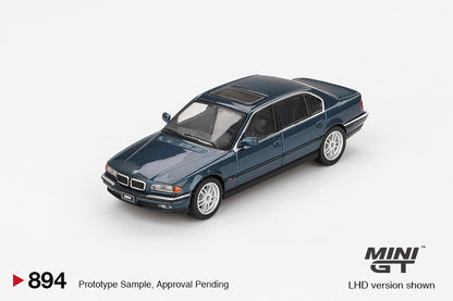 front perspective view of BMW 750IL Sorrento Blue Metallic 1:64 scale model car - Mini GT