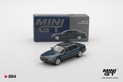 Box of BMW 750IL Sorrento Blue Metallic 1:64 scale model car - Mini GT