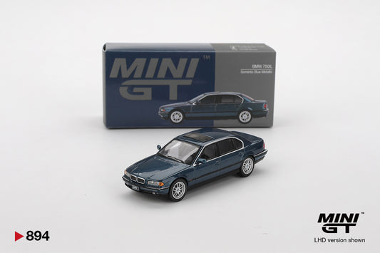 Box of BMW 750IL Sorrento Blue Metallic 1:64 scale model car - Mini GT