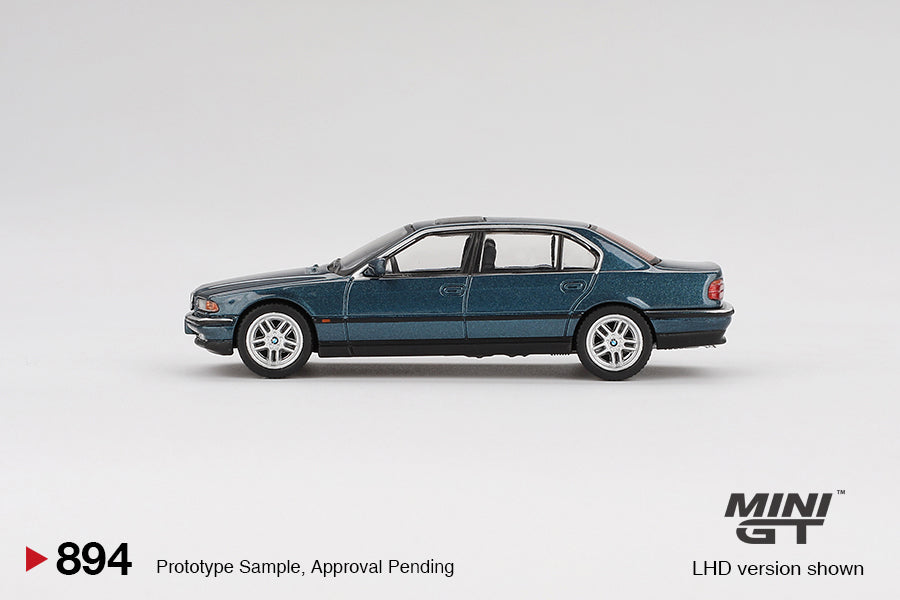 side view of BMW 750IL Sorrento Blue Metallic 1:64 scale model car - Mini GT