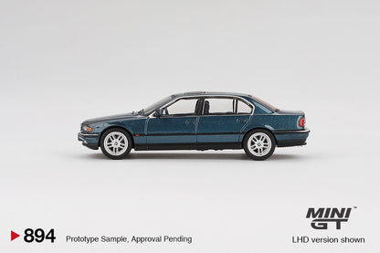 side view of BMW 750IL Sorrento Blue Metallic 1:64 scale model car - Mini GT