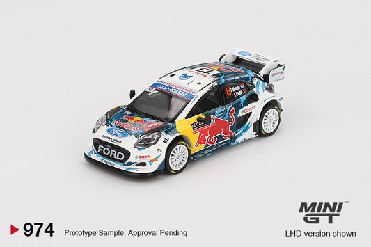 Front perspective view of Ford Puma Rally1 #13 M-Sport Ford WRT 2024 Rally Monte Carlo 1:64 scale model car - Mini GT