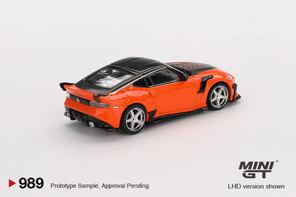 Back perspective view of Nissan Z VeilSide FFZ400 Orange 1:64 scale model car - Mini GT
