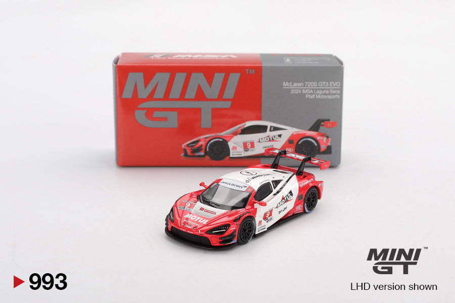 Box of McLaren 720S GT3 Evo Pfaff Motorsports 2024 IMSA Laguna Seca 1:64 scale model car - Mini GT