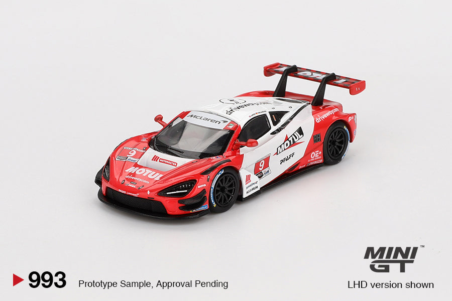 front perspective view of McLaren 720S GT3 Evo Pfaff Motorsports 2024 IMSA Laguna Seca 1:64 scale model car - Mini GT