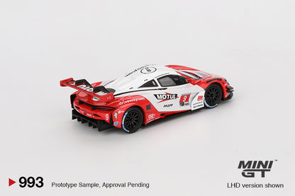 back perspective view of McLaren 720S GT3 Evo Pfaff Motorsports 2024 IMSA Laguna Seca 1:64 scale model car - Mini GT