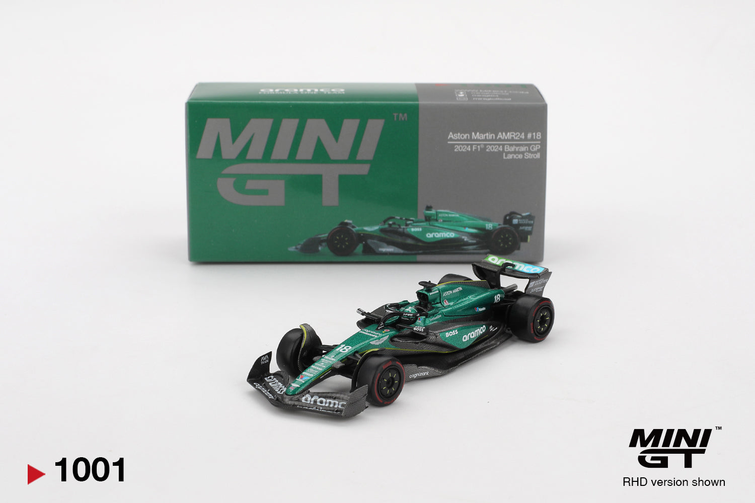 box view of Aston Martin AMR24 #18 Lance Stroll 2024 F1 2024 Bahrain GP 1:64 scale model car - Mini GT