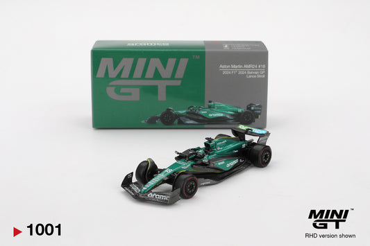 box view of Aston Martin AMR24 #18 Lance Stroll 2024 F1 2024 Bahrain GP 1:64 scale model car - Mini GT