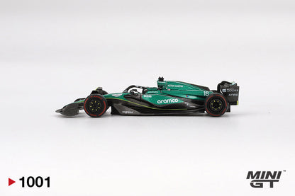 side view of Aston Martin AMR24 #18 Lance Stroll 2024 F1 2024 Bahrain GP 1:64 scale model car - Mini GT