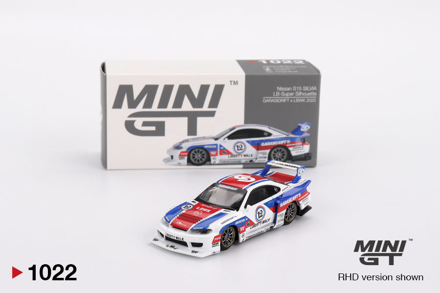 Box of Nissan LB-Super Silhouette S15 SILVIA GARASIDRIFT x LBWK 2025 1:64 scale model car - Mini GT