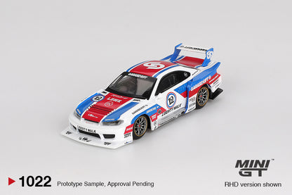front perspective view of Nissan LB-Super Silhouette S15 SILVIA GARASIDRIFT x LBWK 2025 1:64 scale model car - Mini GT