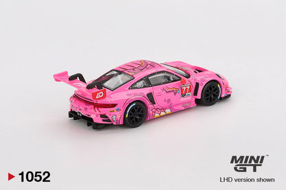 Back perspective view of Porsche 911 GT3 R #77 AO Racing 2024 IMSA Road America 1:64 scale model car - Mini GT