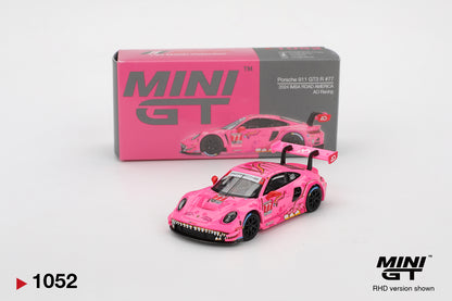 Pink model car with 'MINI GT' packaging on a white background