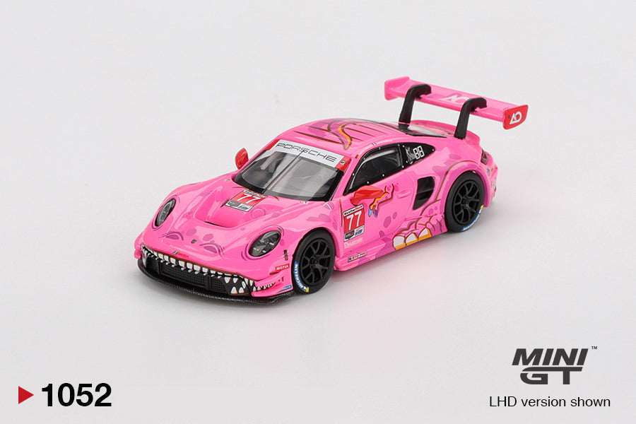 Front perspective view of Porsche 911 GT3 R #77 AO Racing 2024 IMSA Road America 1:64 scale model car - Mini GT