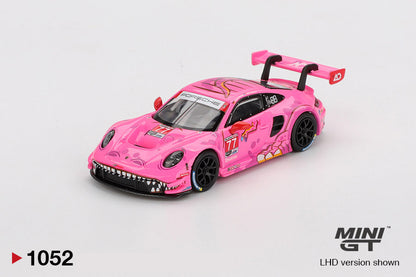 Front perspective view of Porsche 911 GT3 R #77 AO Racing 2024 IMSA Road America 1:64 scale model car - Mini GT