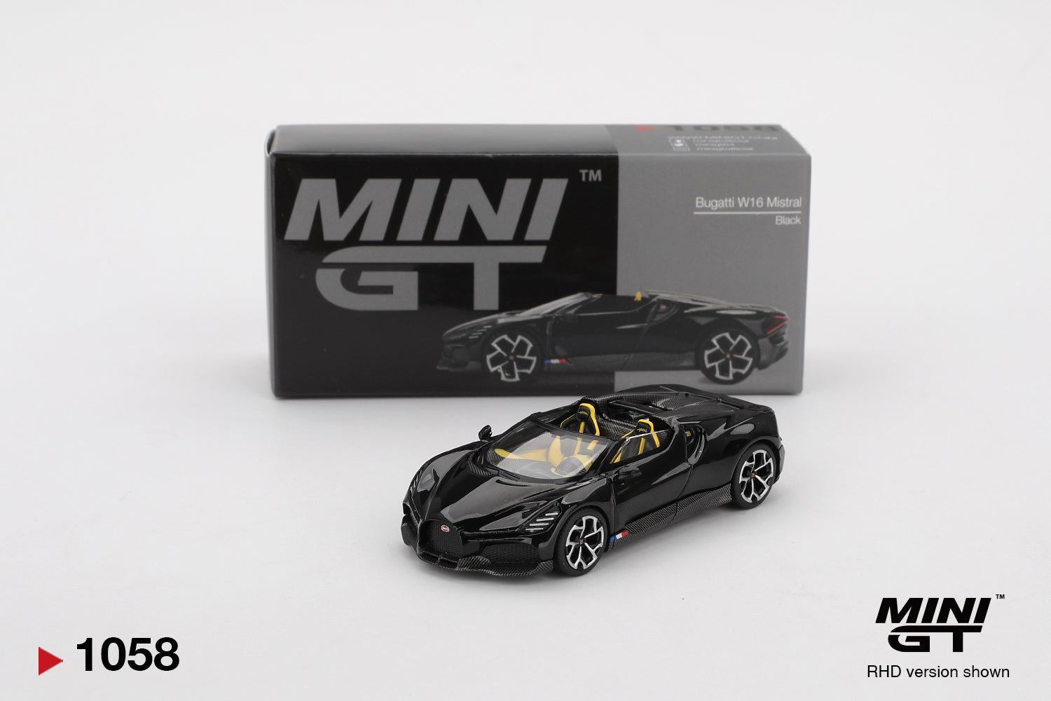 Box of Bugatti W16 Mistral Black 1:64 scale model car - Mini GT
