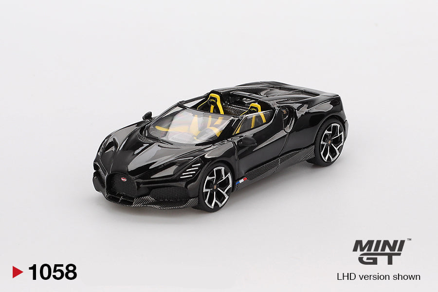 front perspective view of Bugatti W16 Mistral Black 1:64 scale model car - Mini GT
