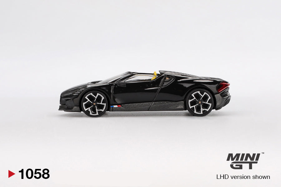 side view of Bugatti W16 Mistral Black 1:64 scale model car - Mini GT